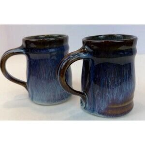 Bill Campbell Art Pottery Mug Blue Brown Drip Cup 4” Tall Signed SET of TWO